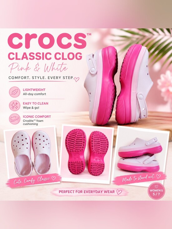 Shoes - Crocs Classic Platform Clog – Women's 7 / Men's 5 – Pink & White